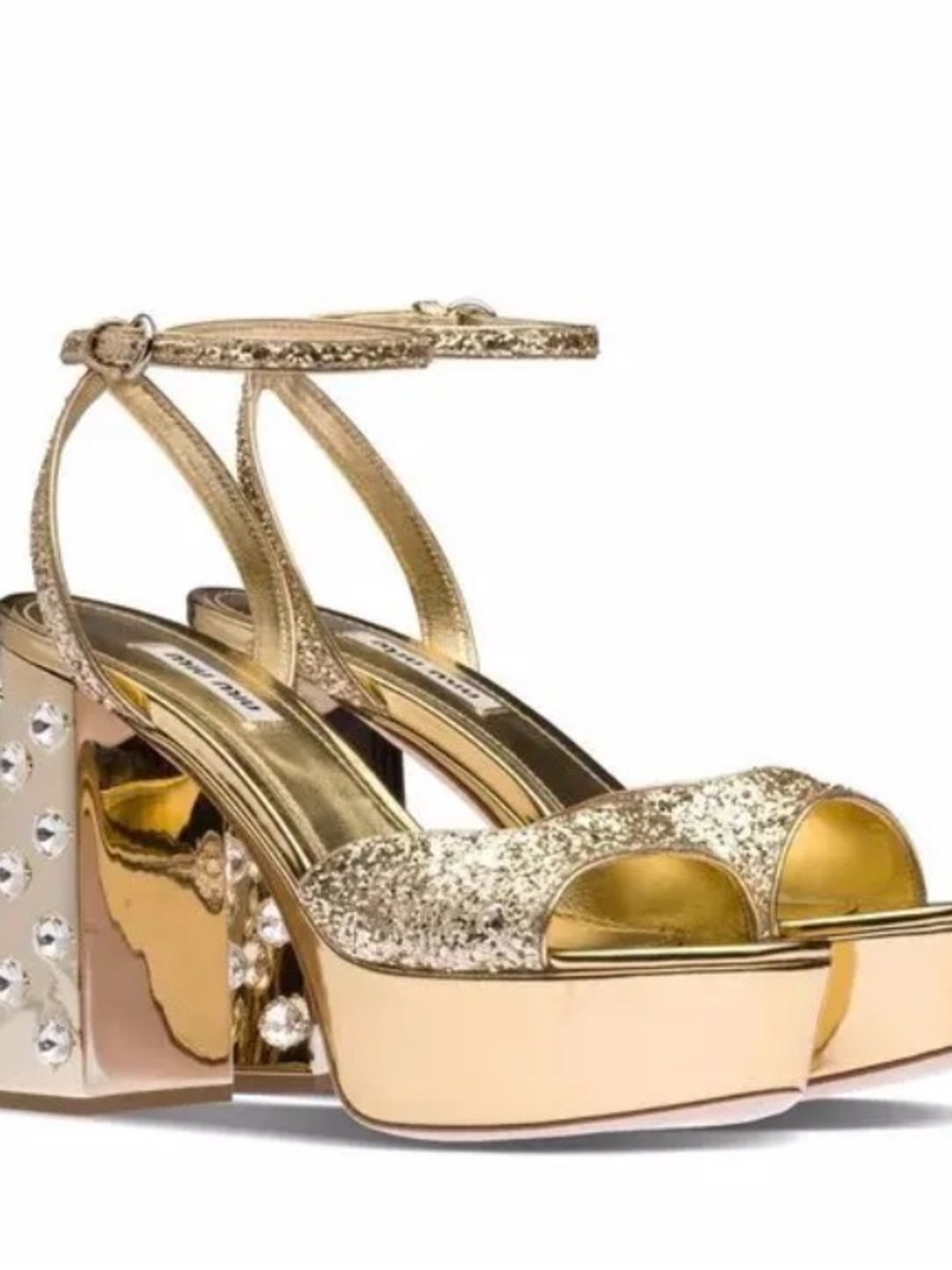 Miu Miu Gold Glitter Platform Ankle-Strap Sandals